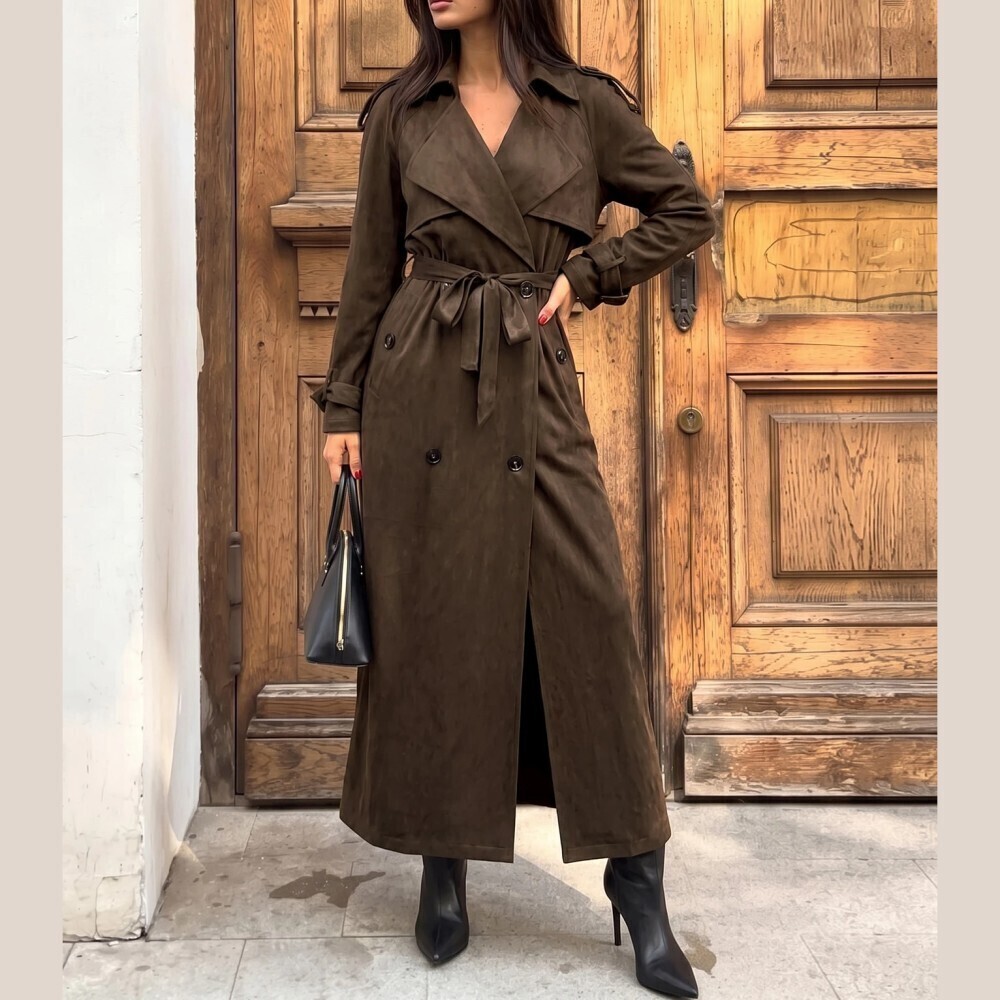 Dark Brown Faux Suede Belted Double Breasted Long Trench Coat